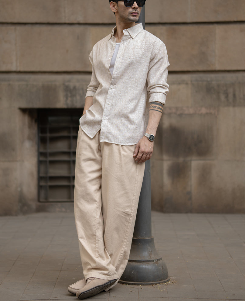 Beige Slub Stripe Shirt.