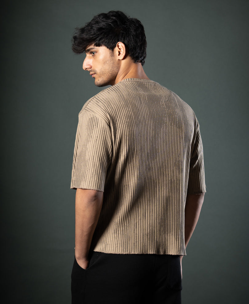 Beige Printed Structure Stripe T-Shirt.