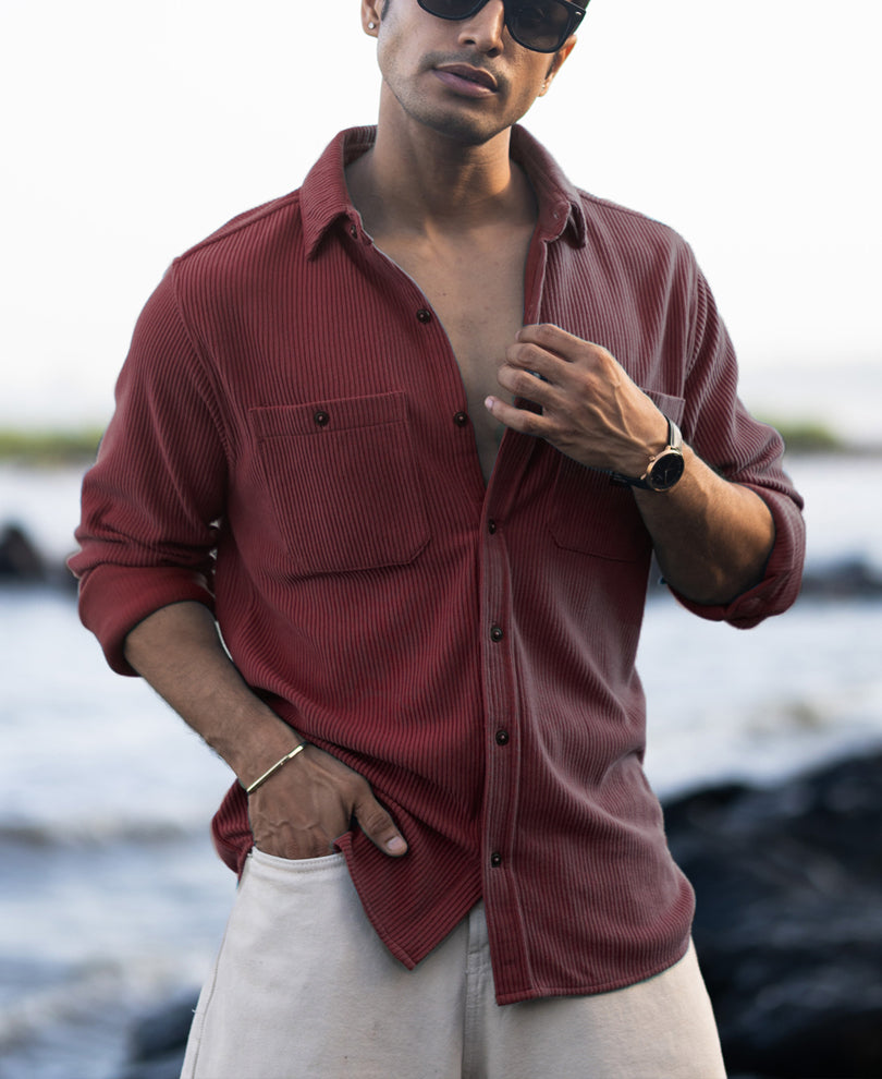 Wine Structured Knit Shirt With Pockets.