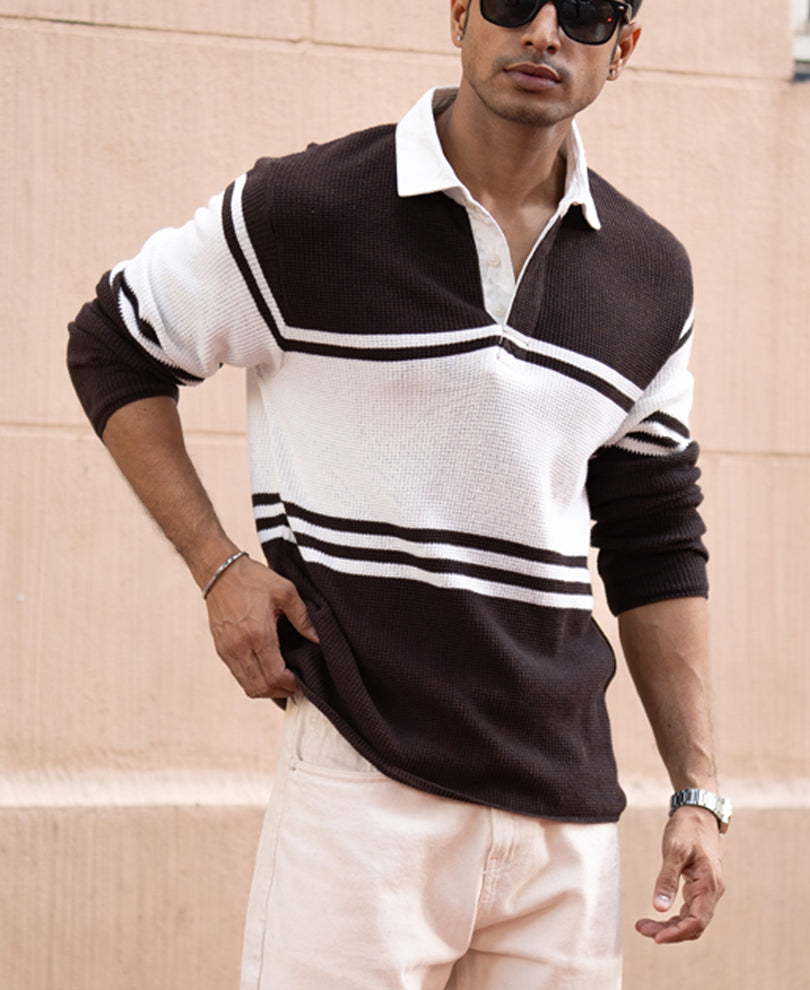 Coffee Brown Structured Stripe T-Shirt.