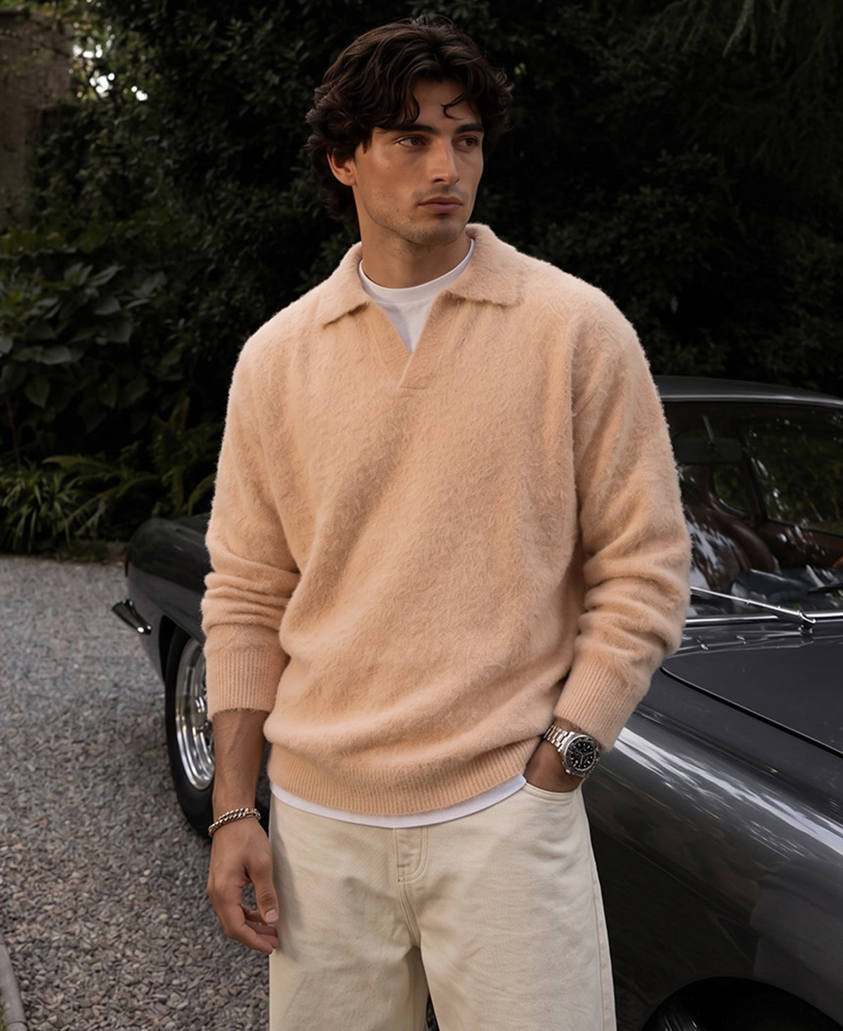 Beige Fuzzy Polo Neck Sweater
