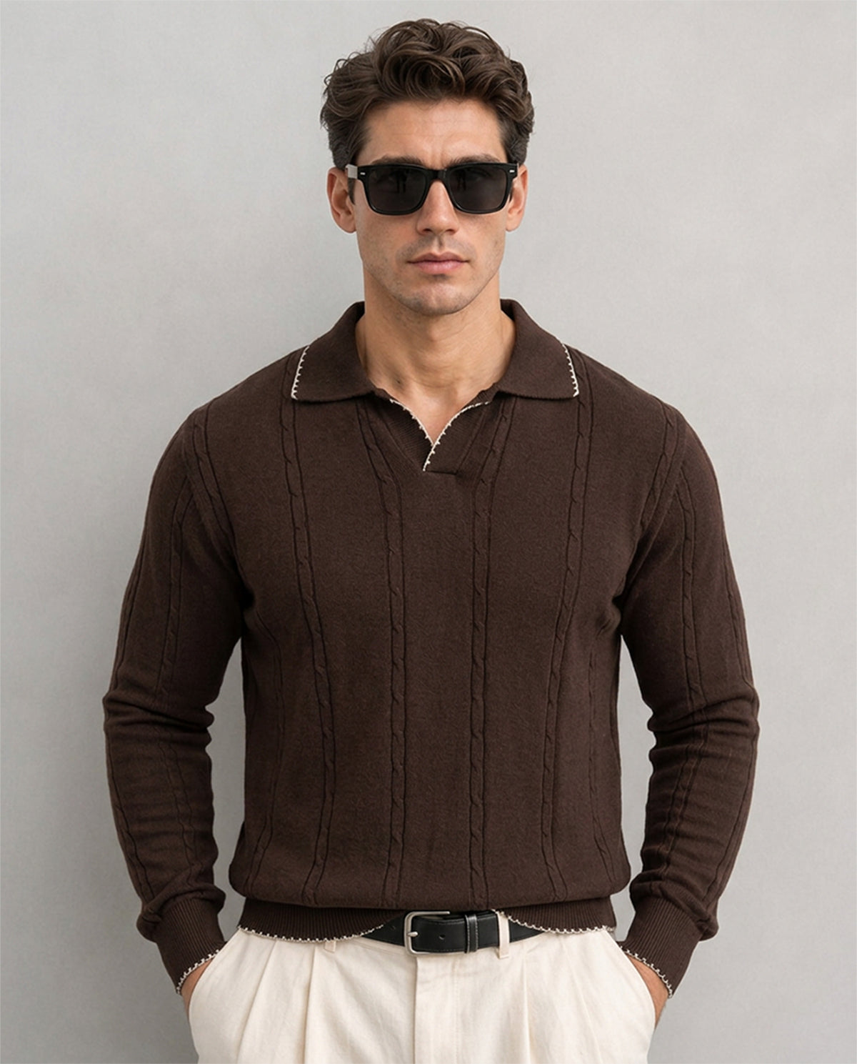 Brown Cable Knit T-Shirt 100% Cotton