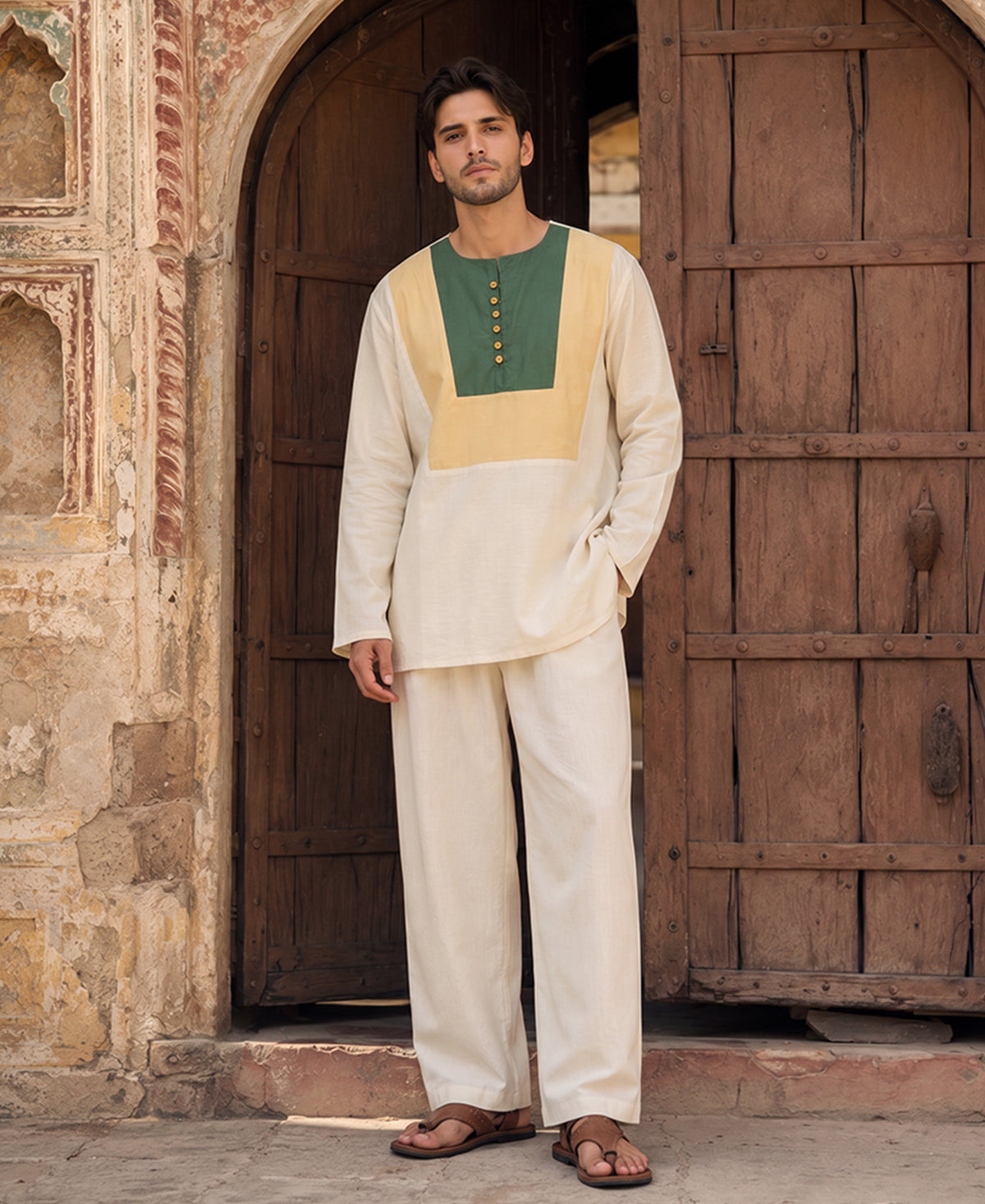 Off White Panelled Kurta Shirt 100% Cotton
