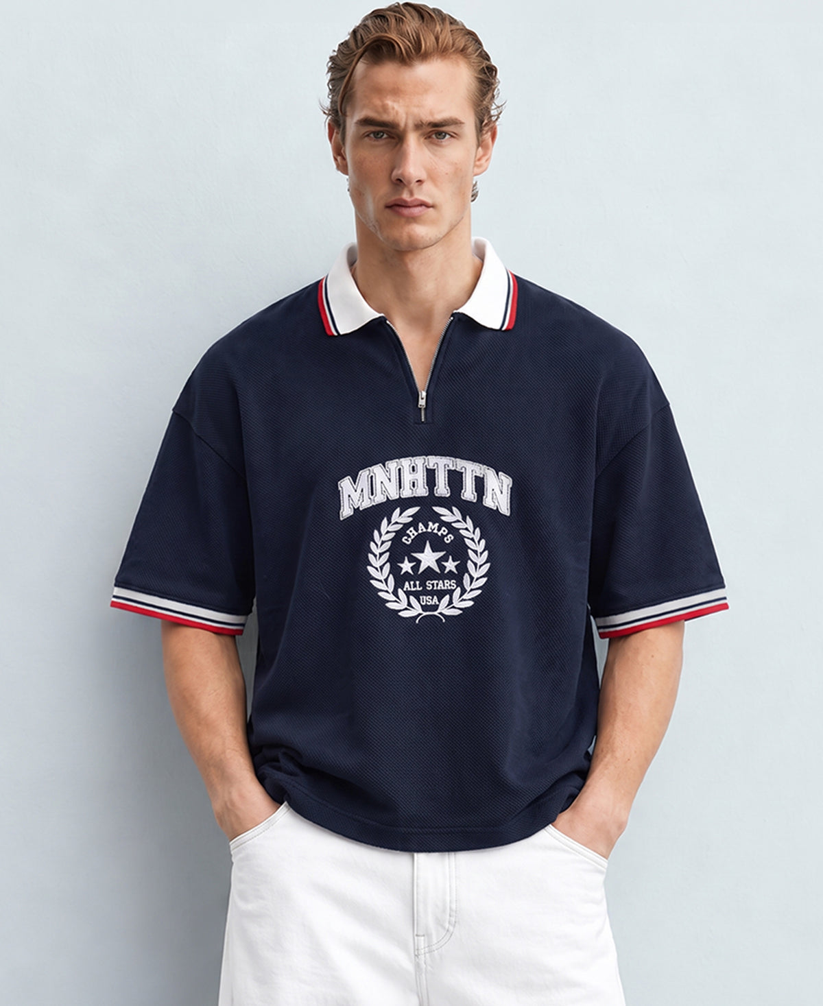 Navy Structured Embroidery T-Shirt