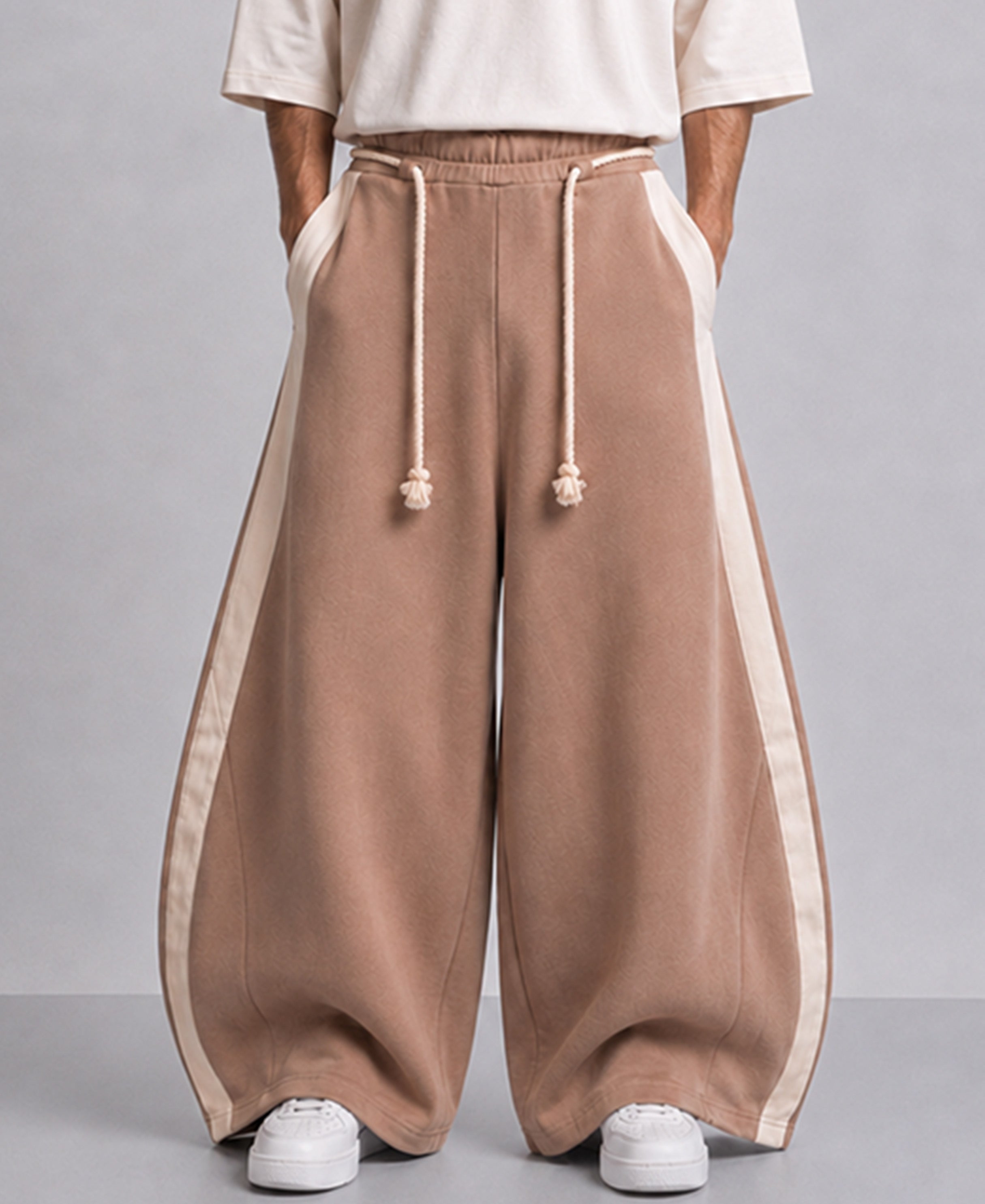Beige Panelled Barrel Fit Trackpant