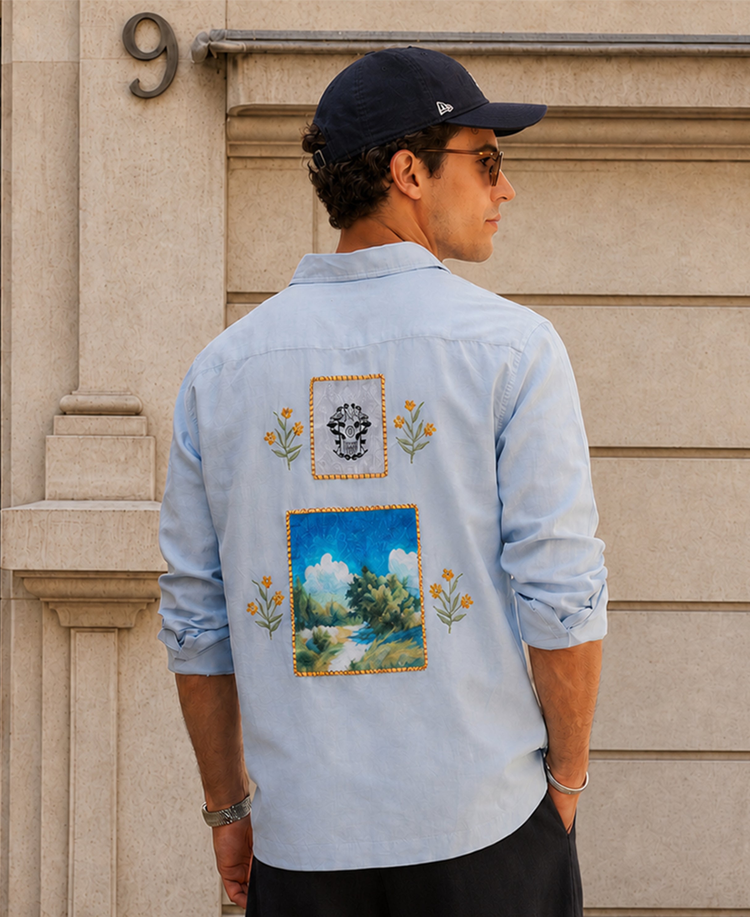 Blue Linen Blend Embroidered Shirt