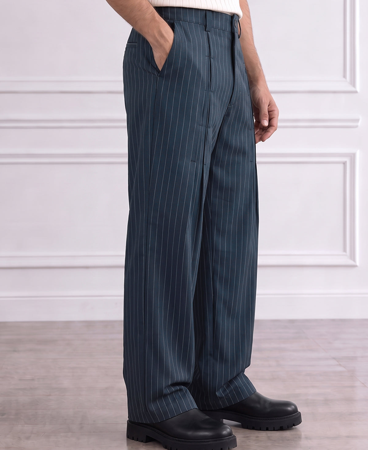 Navy Pleated Tailored Trousers