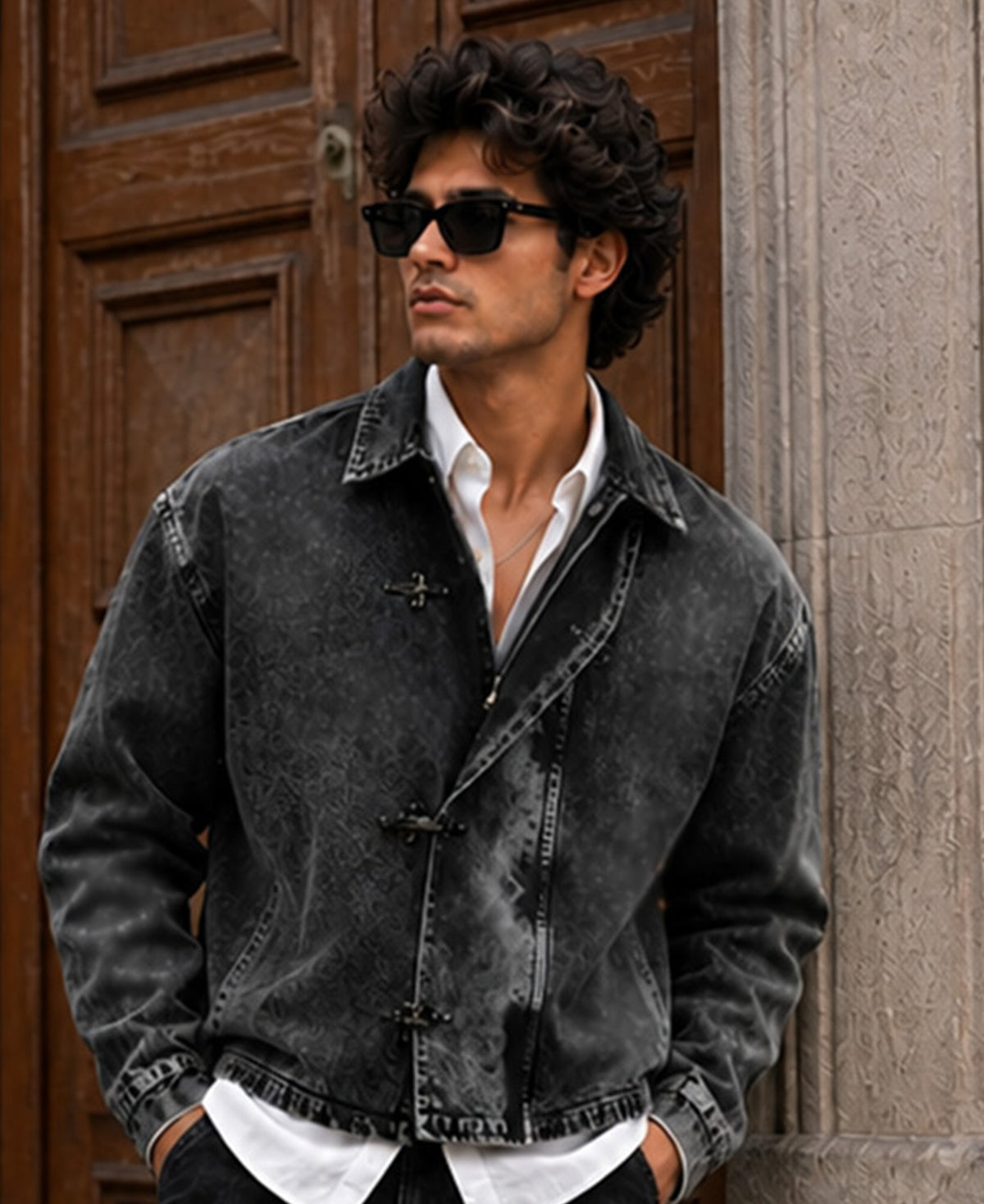 Black Denim Jacket With Fireman Clasps