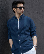Navy Oxford Stripe Shirt 100% Cotton