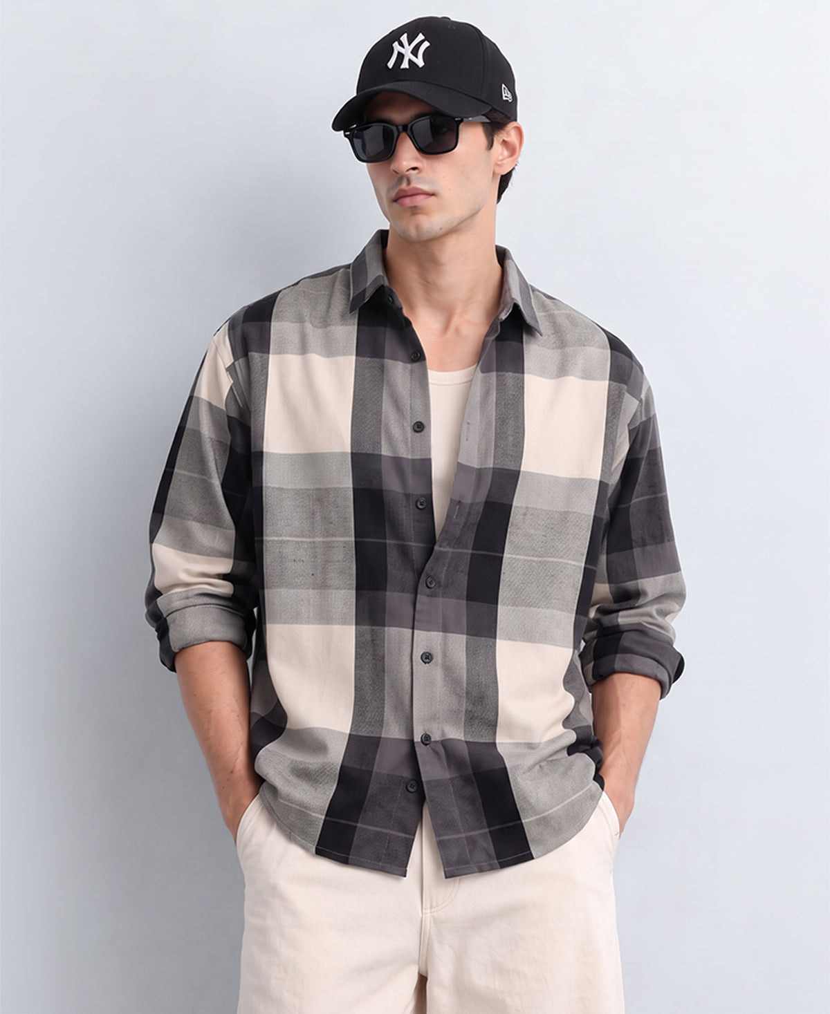 Grey Macro Flannel Checks Shirt 100% Cotton
