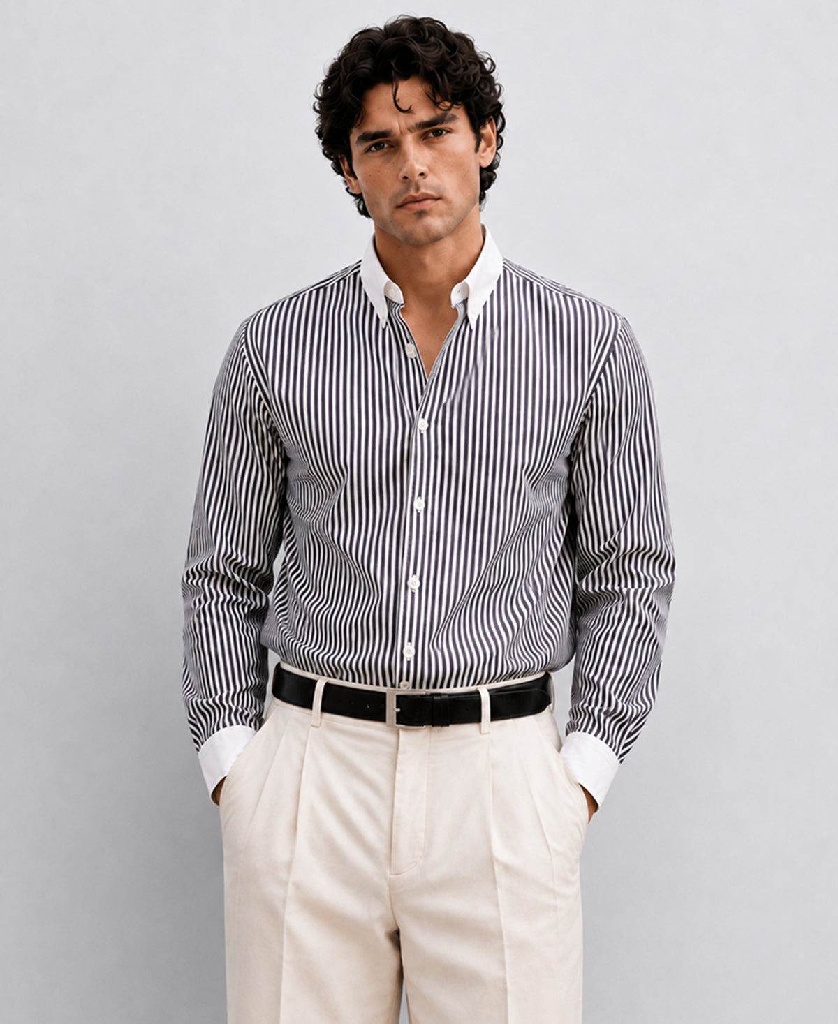 Black Striped Contrast Collar Shirt
