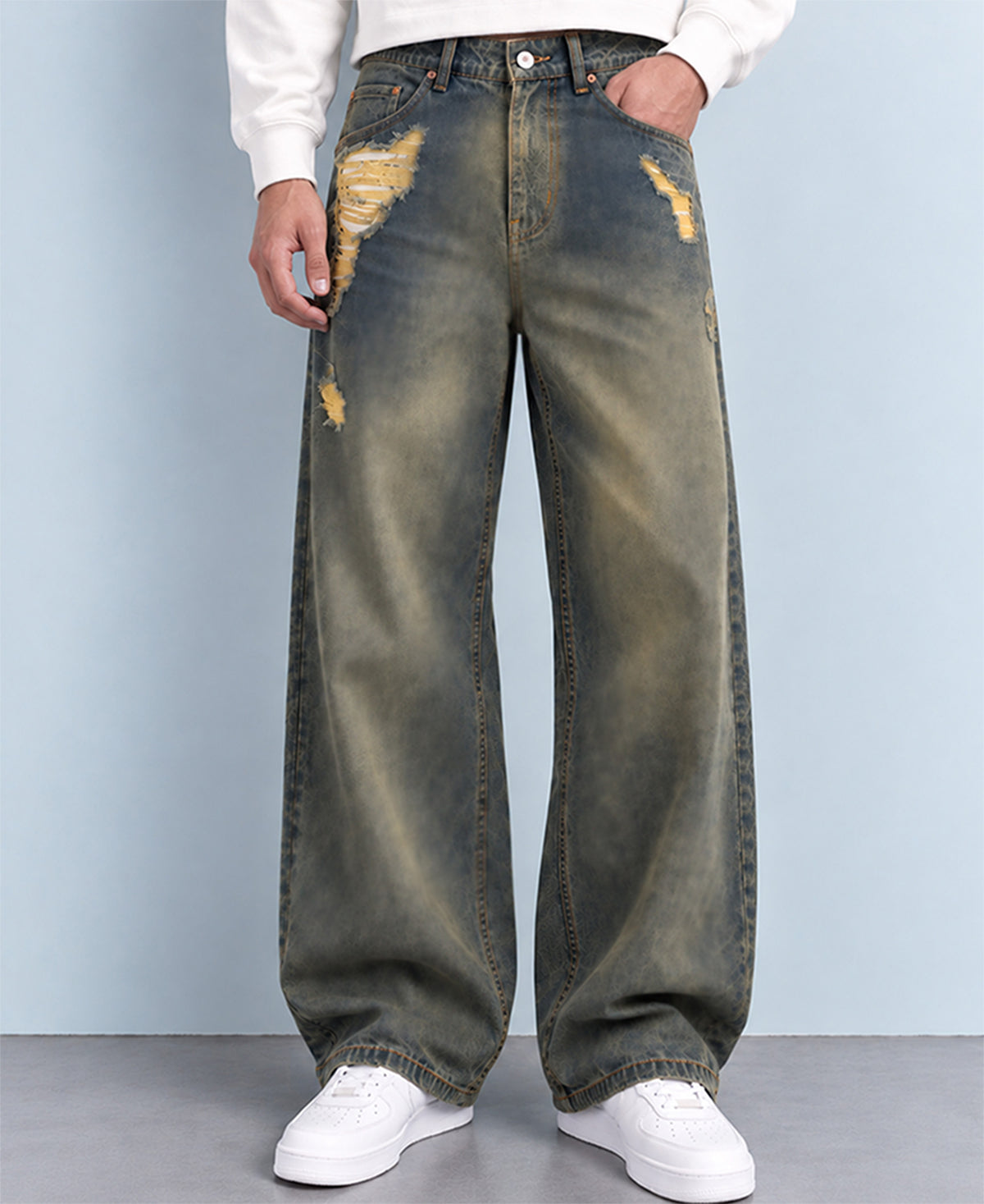 Tinted Blue Distressed Baggy Fit Jeans