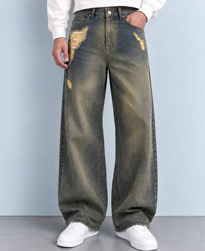 Tinted Blue Distressed Baggy Fit Jeans