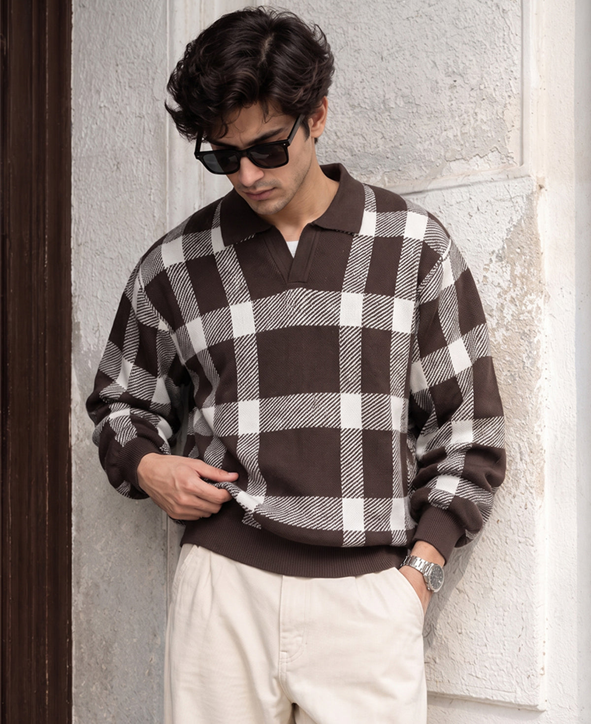Brown Checks Knitted T-Shirt