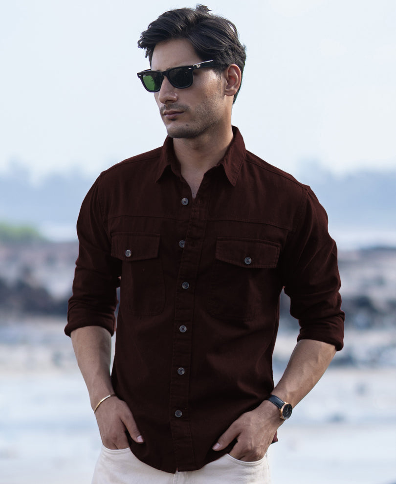 Wine Structured Overshirt With Pockets.