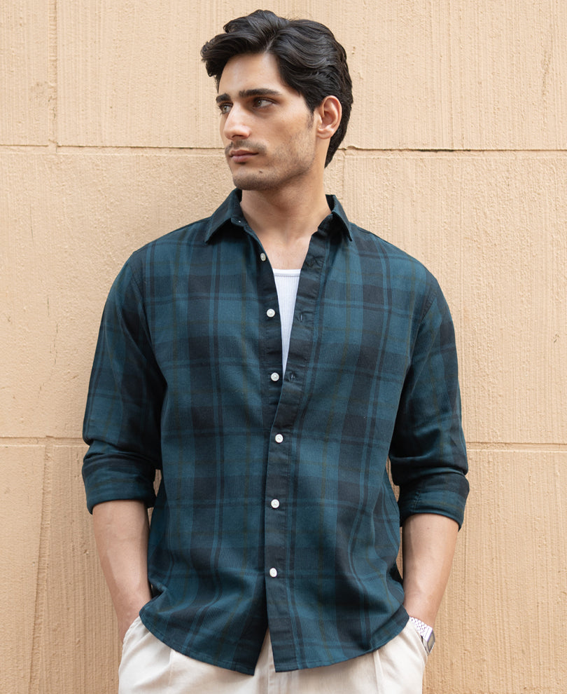 Dark Teal Structured Checks Shirt.