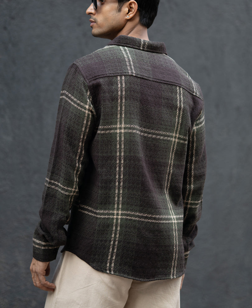 Dark Olive Structured Checks Shirt.