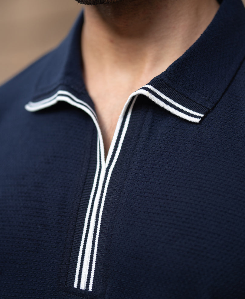 Navy Structured Knit Polo T-Shirt