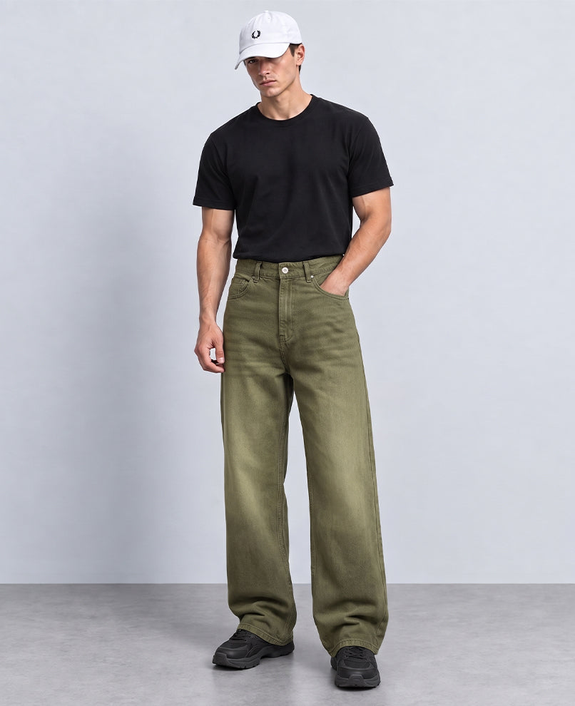 Olive Washed Baggy Jeans