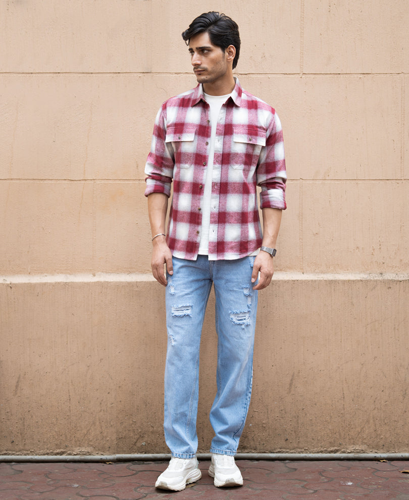Maroon Checks Double Pocket Shirt.