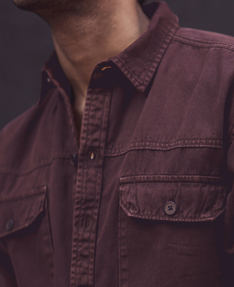 Dark Brown Denim Shacket Full Sleeves Shirt.