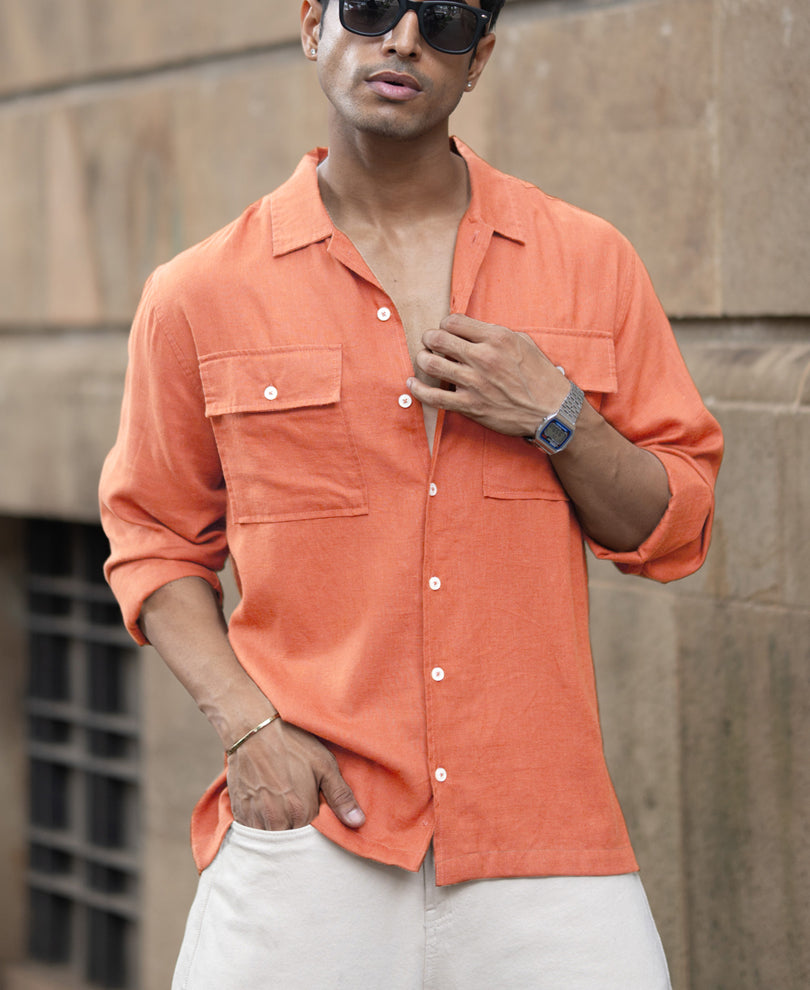 Peach Linen Double Pocket Shirt.