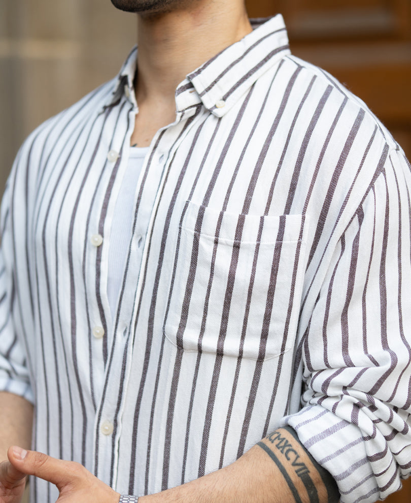White Linen Blend Stripe Shirt.