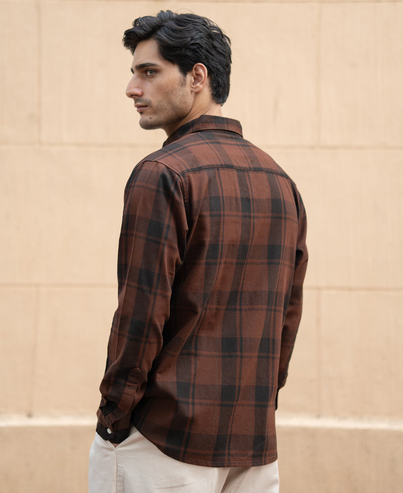 Dark Brown Structured Checked Shirt.