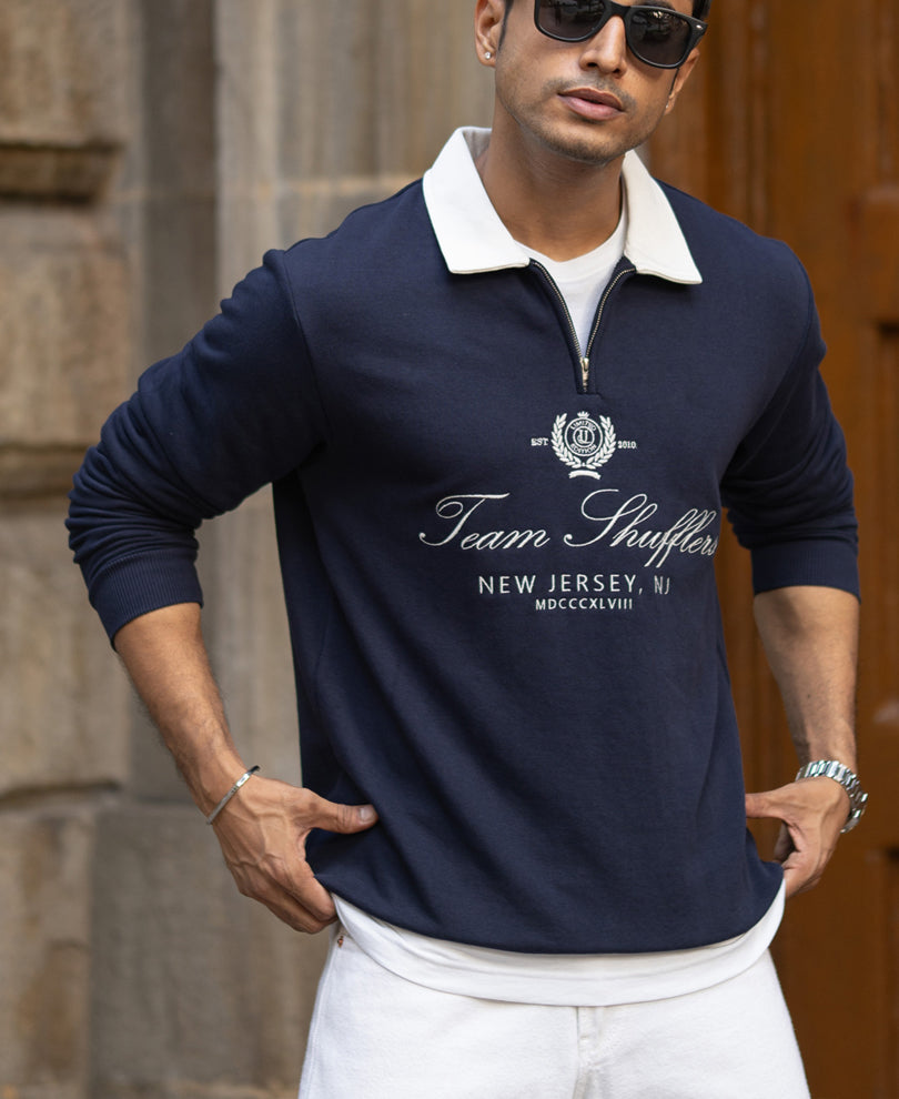 Navy Contrast Collar Embroidered T-Shirt.