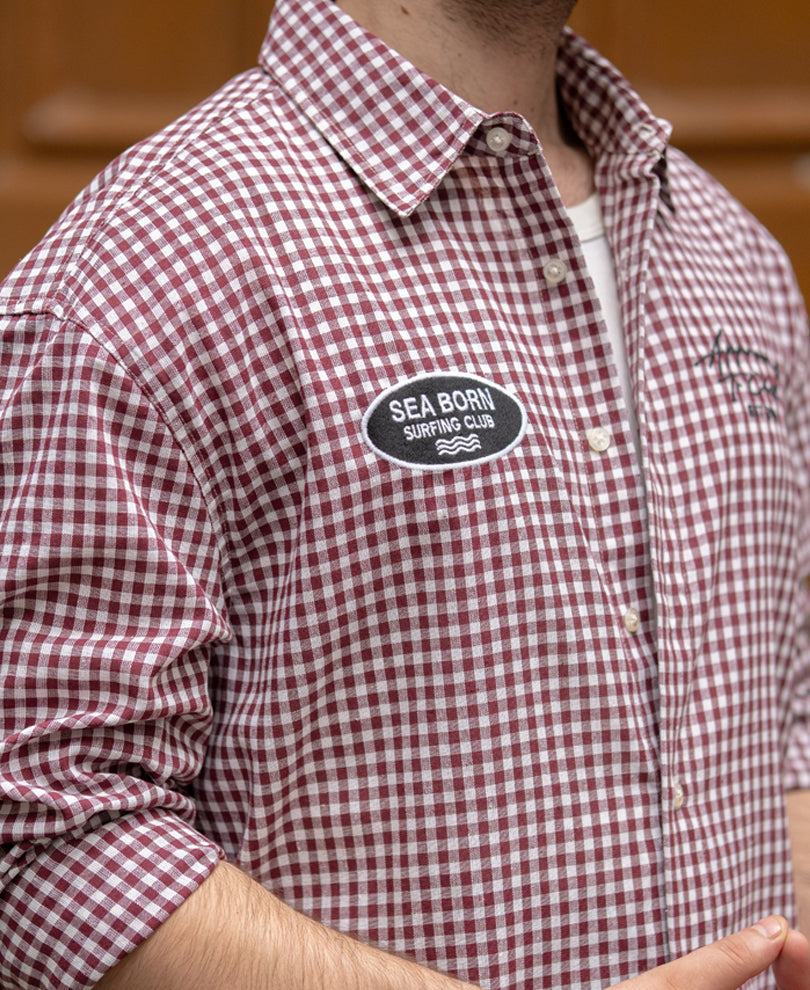 Wine Embroidered Micro Checks Shirt