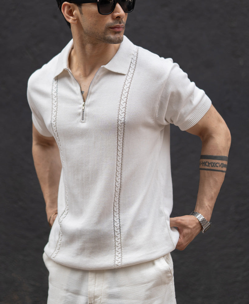 White Structured Knit Zipper T-Shirt.