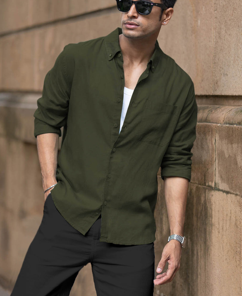 Olive Linen Blend Shirt.
