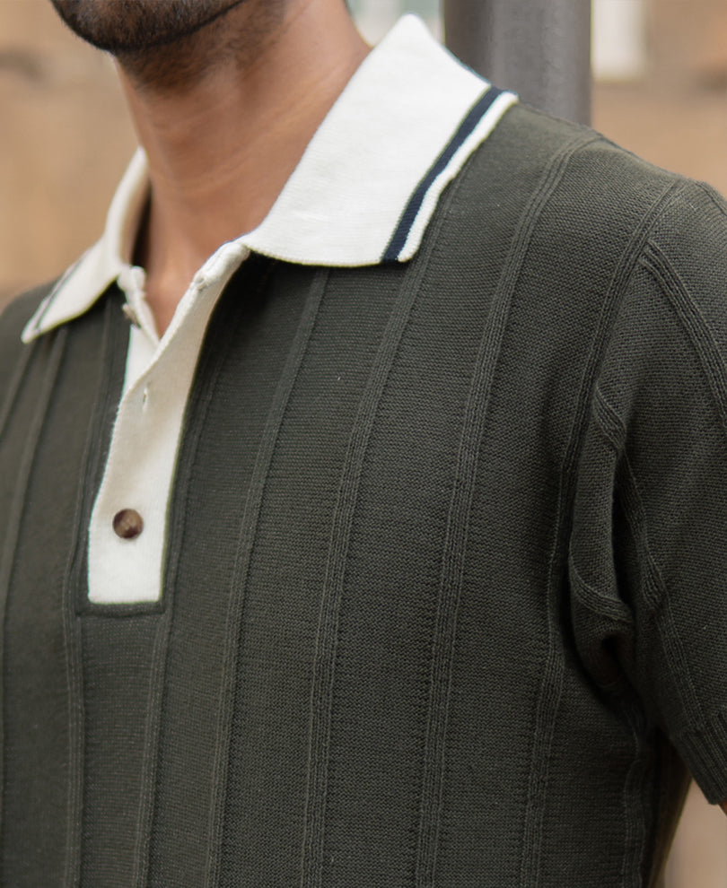 Olive Contrast Collar Knit T-Shirt.