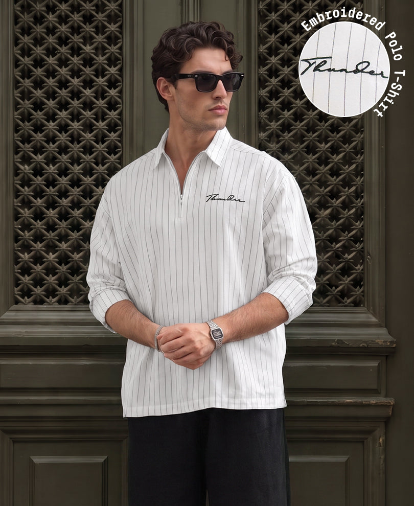 White Striped Embroidered Zipper Shirt 100% Cotton