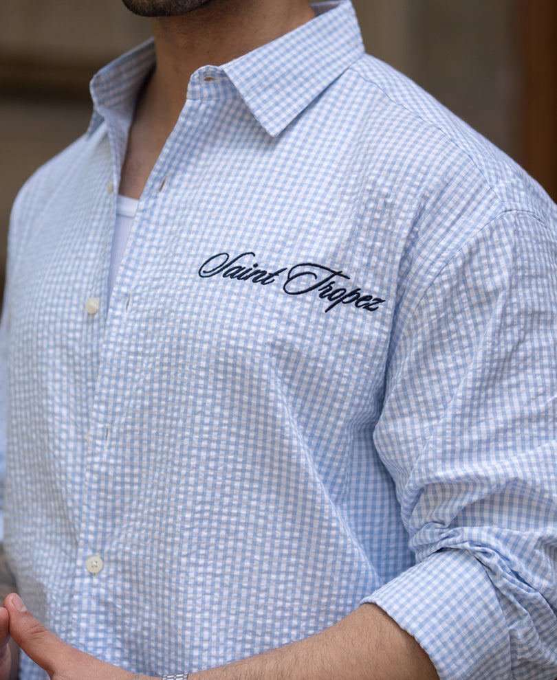 Blue Embroidered Checks Shirt