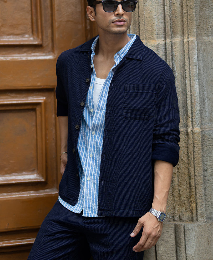 Navy Double Cloth Stripe Co-Ord Set.