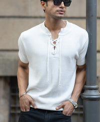 White Knitted Regular Fit Henley T-Shirt 100% Cotton