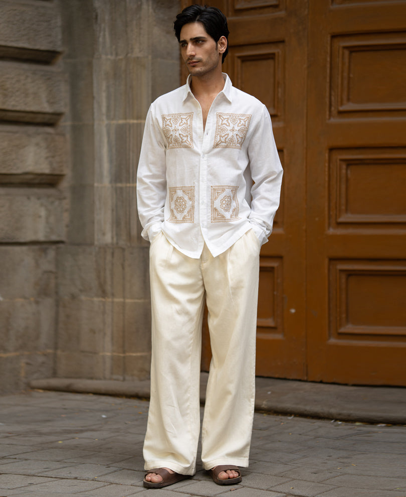 White Linen Blend Embroidery Shirt