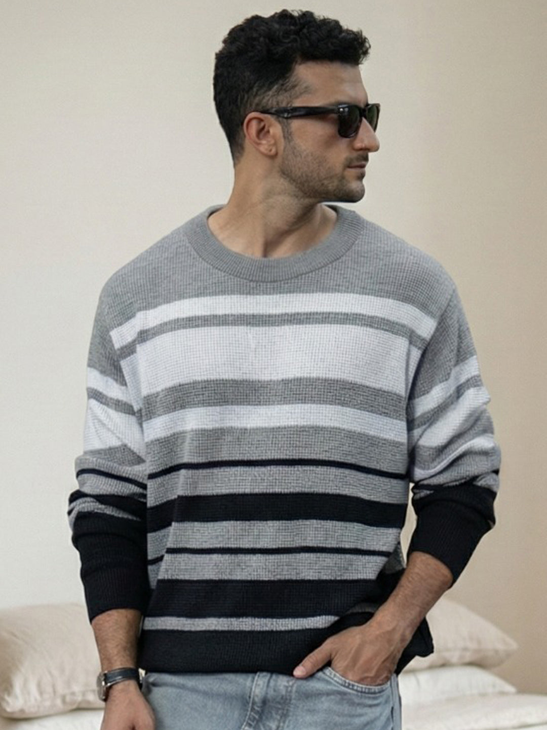 Grey And Black Structured Striped T-Shirt.