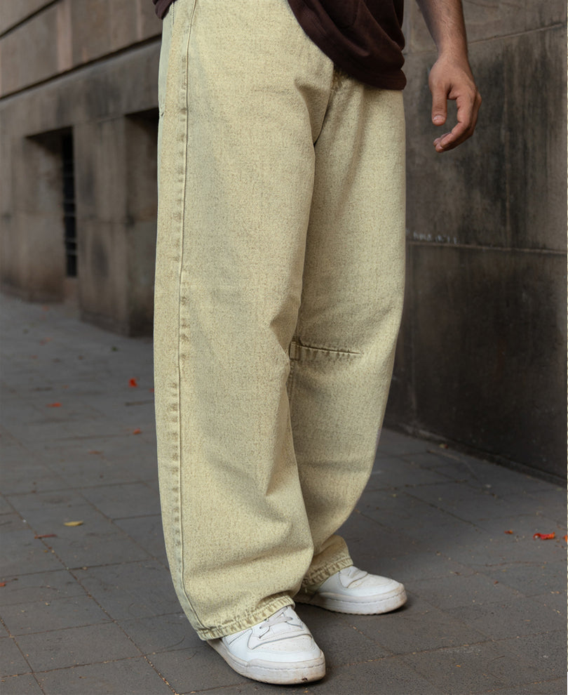 Beige Washed Barrel Fit Jeans