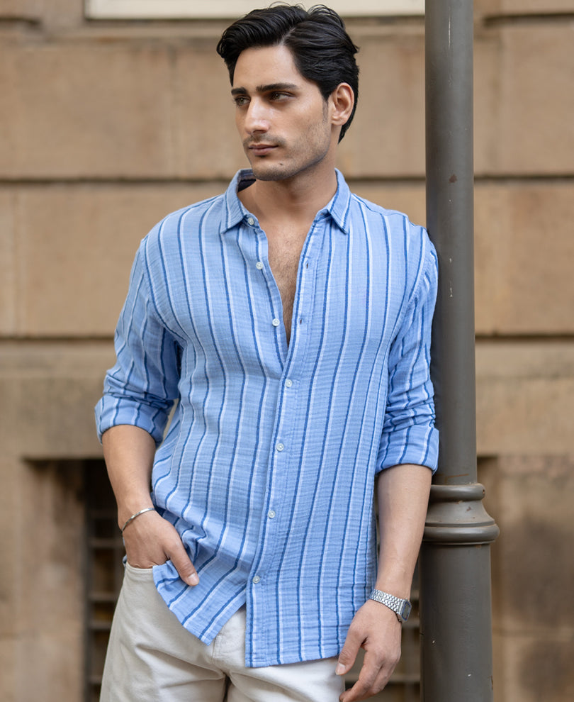 Blue Double Cloth Striped Shirt.