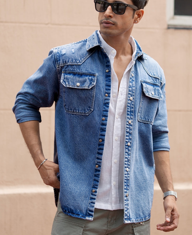 Mid Blue Distressed Denim Overshirt.