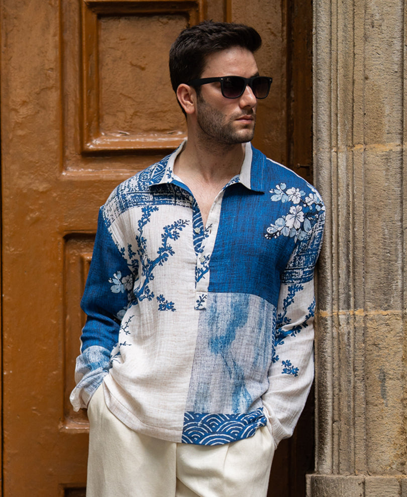 Blue Patch Print Kurta Shirt 100% Cotton