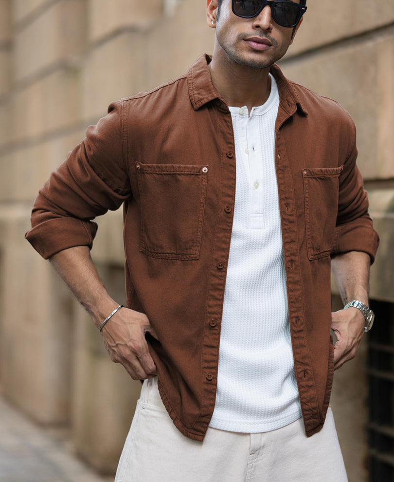 Brown Textured Cotton Overshirt.