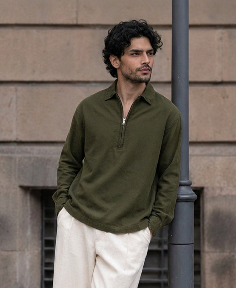 Dark Olive Washed Zipper Shirt