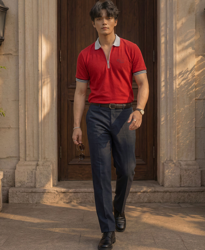 Red Structure Knit Polo T-Shirt