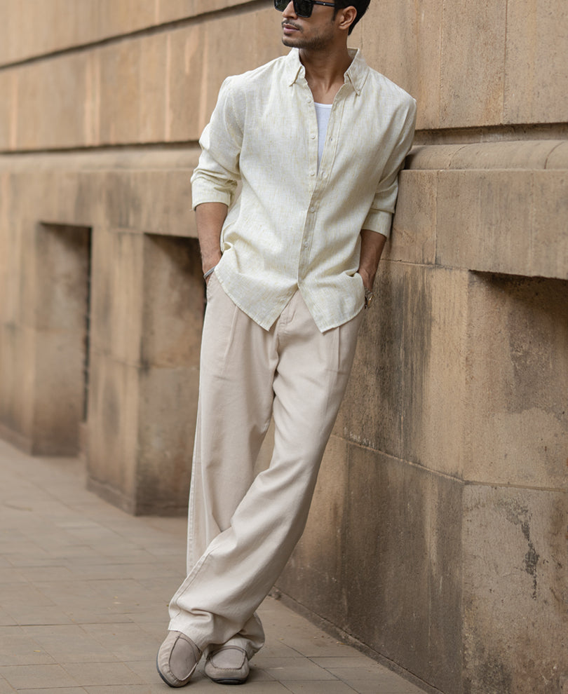 Pale Yellow Slub Stripe Shirt.