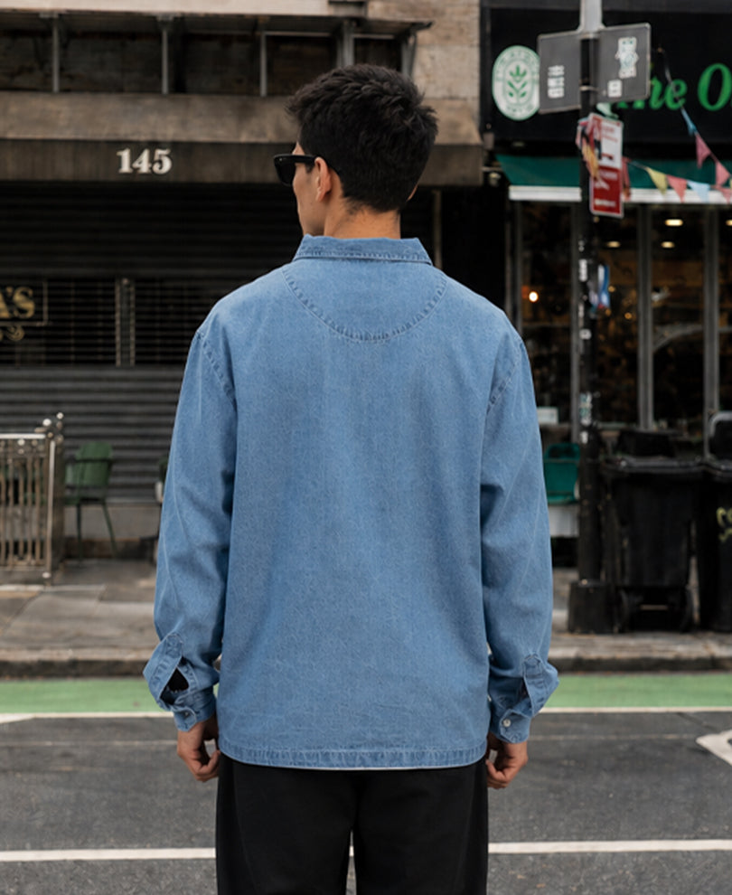 Blue Embroidered Denim Zipper Shirt