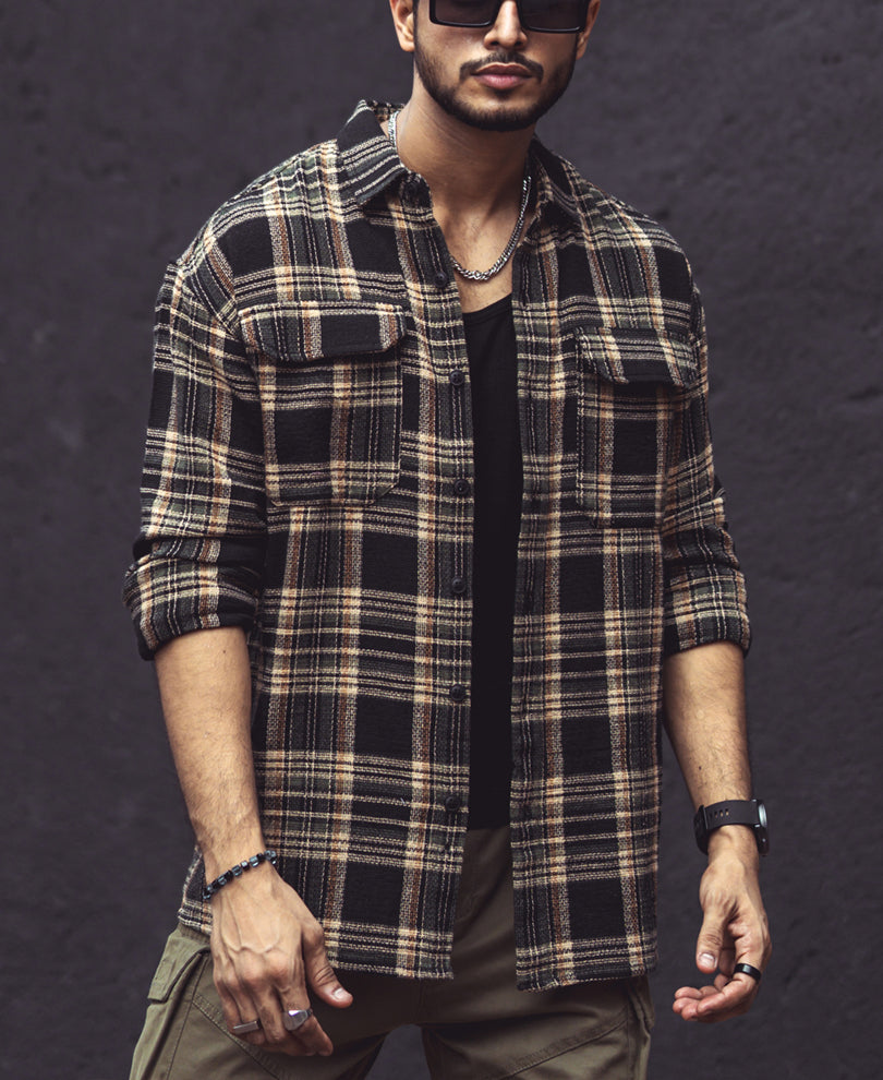 Multicolor Checks Double Pockets Oversize Drop Shoulder Shirt.