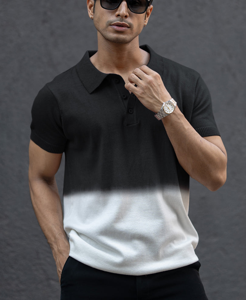 Black Ombre Knit Polo T-Shirt.